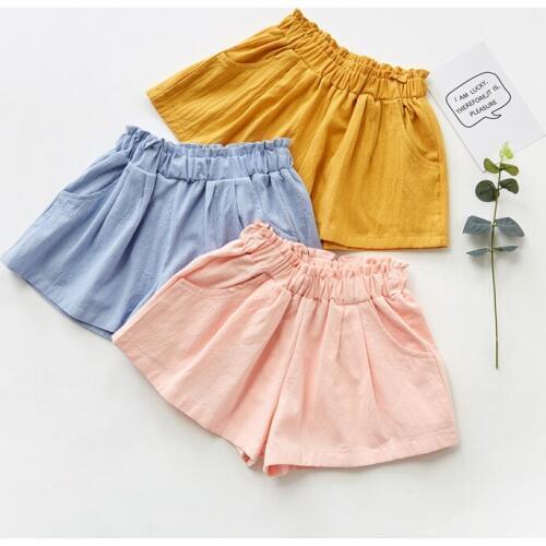 Cotton Linen Pure Colour Children Shorts Summer Textured Not Pilling Fastness Beach Trousers Leisure Fashionable Girl Hot Pants