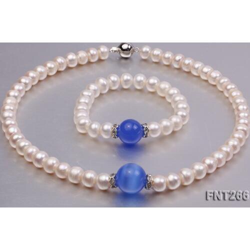 Perfect White Freshwater Pearl Blue Cats Eye Stone Rhinestone Necklace Bracelet Jewellery Set Charming Girl Baby Birthday Gift