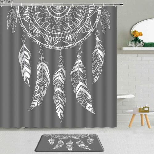Creative Feather Modeling Shower Curtain Green Background Dreamcatcher Polyester Fabric Non-Slip Bath Mat Bathroom Curtains Set