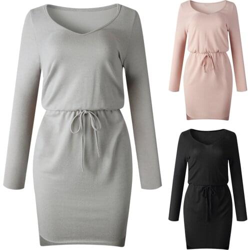 HOT SALES!!! Sexy Women Autumn Long Sleeve V Neck Waist Drawstring High-low Hem Mini Dress Sexy Dress Women Casual Dress 3 Color