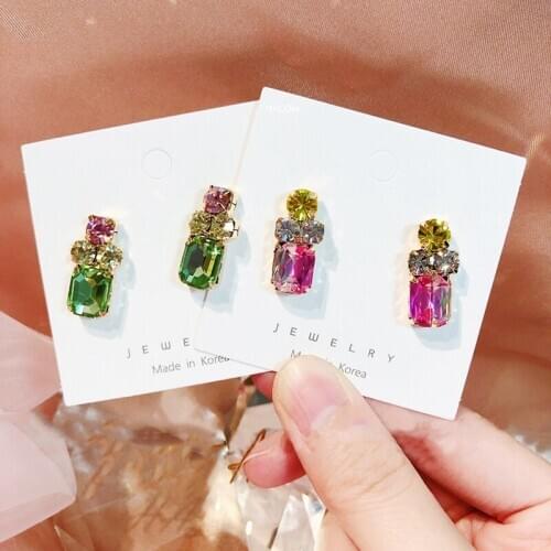 MENGQIAO Korean New Colorful Square Crystal Stud Earrings For Women Girls Cute Boucle D'oreille Pendientes Jewelry Accessories