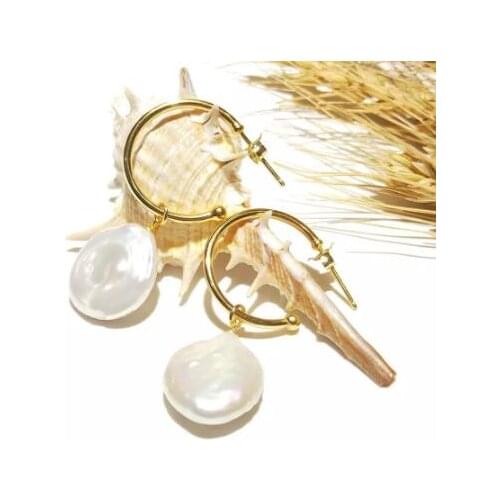 New Arrival Favorite Coin Baroque Pearl 925 Sterling Silver Gold Color Earrings Freshwater Pearl 18mm Stud Earring Fine Jewelry