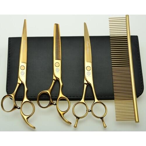 Purple Dragon 7.0-inch pet scissors straight cut teeth cut warps scissors down bend cut band row comb 4 piece set