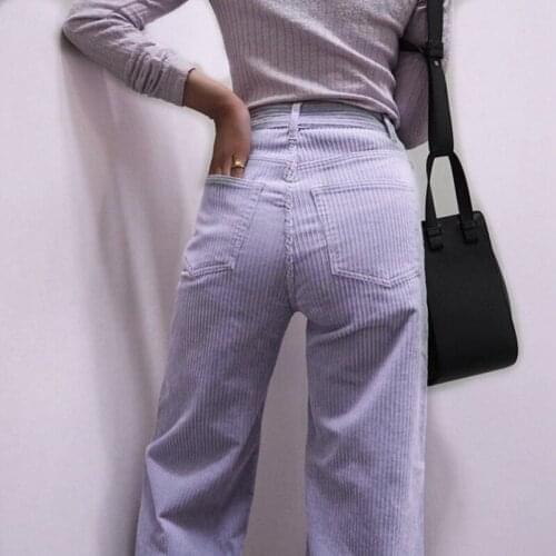 Autumn Winter Thick Corduroy Purple Trousers Work Wear Pants Womens Loose High Waist Straight Pants Streetwear Casual Outfit