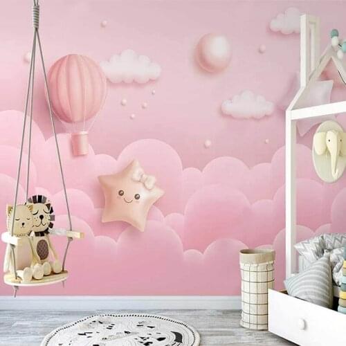 Custom 3D Wallpaper Nordic Ins Hand-painted 3D Pink Starry Sky Clouds Hot Air Balloon Childrens Bedroom Background Wall Mural