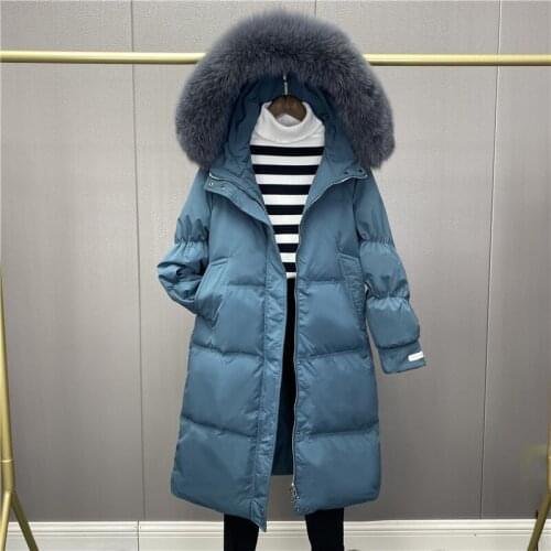 2021 Women New Winter Long White Duck Down Coats Female Big Real Fur Collar Hooded Outwear Ladies Solid Color Down Jackets Q491