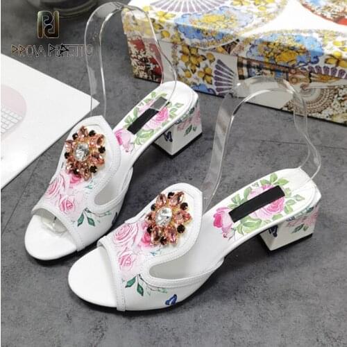 Open-toed thick-heeled high-heeled slippers summer fairy style shiny crystal white high-heeled sandals and slippers women