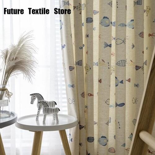 Modern Curtains for Living Room Bedroom Simple Cartoon Children Cute Fish Linen Printed Curtains Finished Product Customization