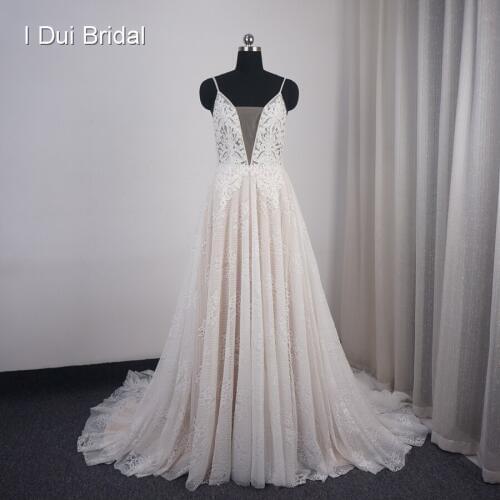 Spaghetti Strap Wedding Dresses A line Lace Appliqued Beaded Bare Back High Quality Bridal Gown