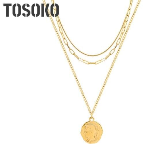 TOSOKO Stainless Steel Jewelry Portrait Pendant Multi Layered Necklace Female Exaggerated Hip Hop Christmas Clavicle Chain P855