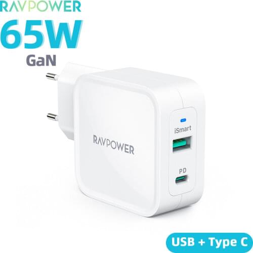 RAVPower 65W USB C Charger Type C PD Fast Charger with GaN Tech Folding Pins Dual Port Wall Charger for iPhone 12 MacBook Pro