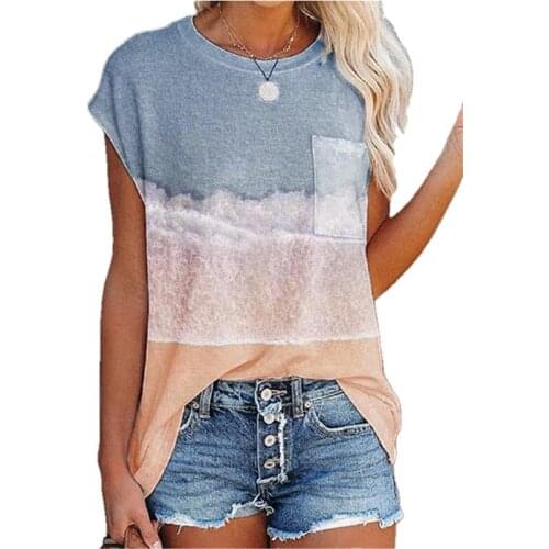 2021 Summer Splicing Tee Shirt Women Casual Loose Short Sleeve O-Neck Color Block Pocket Tops Ladies Pullover Streetwear Shirts