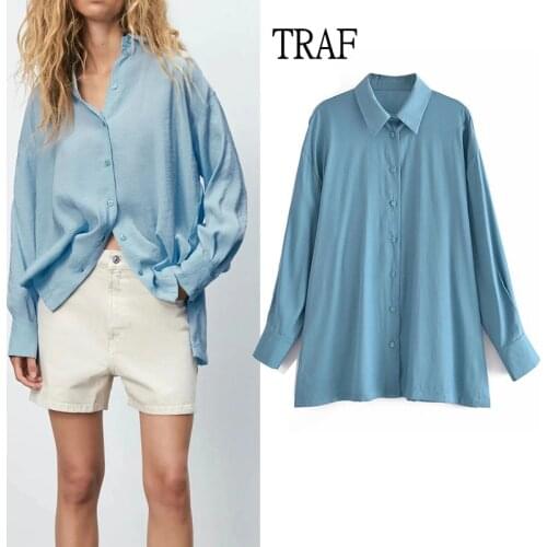 TRAF Za Top Women 2021 Blue Womens Shirt Loose Long Sleeve Womens Oversize Shirt Summer Vintage Top Female White Shirt Blouse