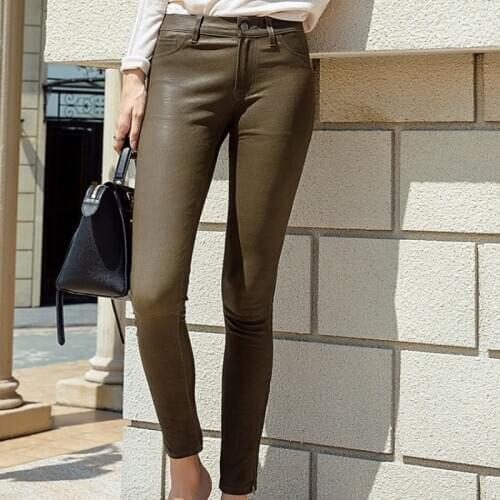Womens Sexy Skinny Pencil Pants Zipper Office Ladies Luxury Sheepskin Natural Leather Leggings Stretchy Real Leather Long Pants