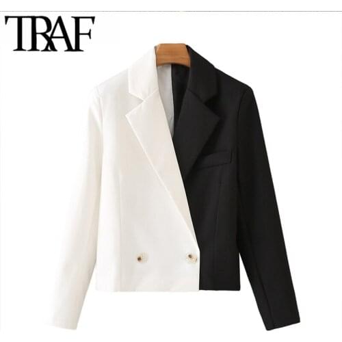 TRAF Women Fashion Double Breasted Patchwork Crop Blazer Coat Vintage Long Sleeve Female Outerwear Chic Veste Femme