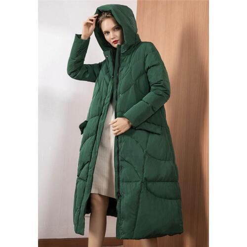Womens 2020 New Down Jacket Womens Long Section 90 White Duck Down Hooded down Jacket green