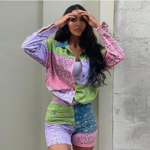 Vintage Floral Print Color Block Shirt Two Piece Set Women Casual Long Sleeve Shirt Top + Shorts Slim Matching Set Streetwear