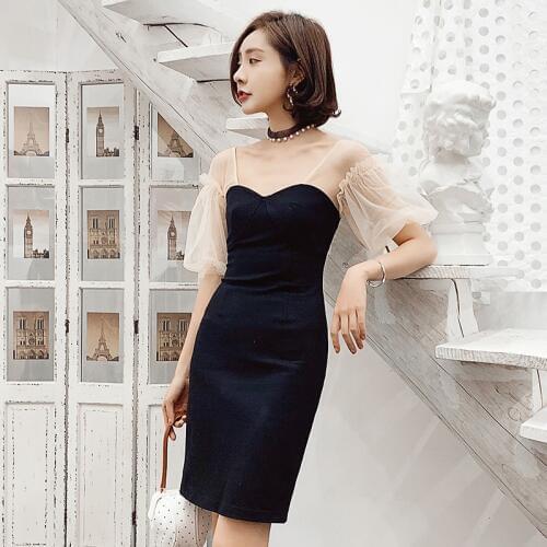 YIGELILA Summer Women Black Sheath Dress Fashion V-neck Puff Sleeve Empire Slim Knee Length Mesh Patchwork Dress 63912