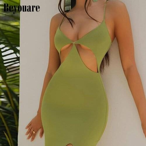 Beyouare Sexy Beach Style Women Dress V Neck Hollow Out Show Chest Sleeveless Split Ankle-Length Dresses Summer Fashion Clothing