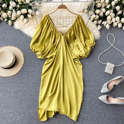 Fashion New Summer Women Sexy Deep V Neck Short Sleeve Ruffles Casual Loose Dress High Street Ladies Vacation Dresses Vestido