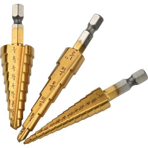 3Pcs/lot HSS Steel Large Step Cone Titanium Coated Metal Drill Bit Cut Tool Set /3/16-1/2 Hole Cutter With Bag