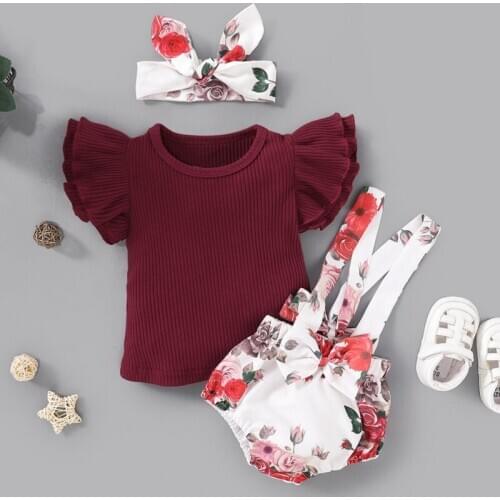 Aby Summer Clothing Newborn Baby Girls Ruffle Shirt Tops Suspender Tutu Shorts Dress Pants Headband 3Pcs Outfits Sunsuit