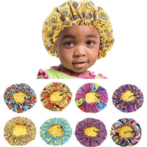 African Kids Headwear Hair Caps Print Ankara Bonnet Stain Silky Big Bonnet Sleep Night Cap Children Headwrap Hat Hair Wrap