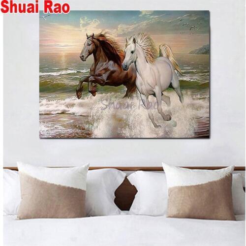 Diamond mosaic beach horses diamond embroidery animals picture diamond painting cross stitch 5d full square round drill,home art