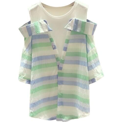 Women Spring Summer Style Blouses Shirts Lady Casual Off Shoulder Half Sleeve O-Neck Fake 2 pieces Blusas Tops ZZ0760