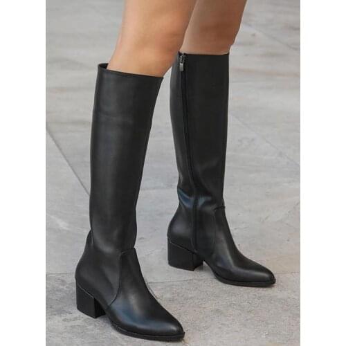 Mio Gusto Brand Lydian, black Tan White Color High Quality Knee High All Season 5 Cm Square Heel Women 's Boots