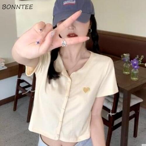 Short Sleeve T-shirts Women Embroidery O-Neck Cropped Sweet Skinny Simple All-match Summer Korean Style Stylish Daily Tender New
