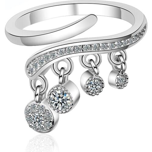 Utimtree Exquisite Fashion 925 sterling silver CZ Zirconia Open Rings Tassel Pendant Adjustable Ring For Women Party Jewelry