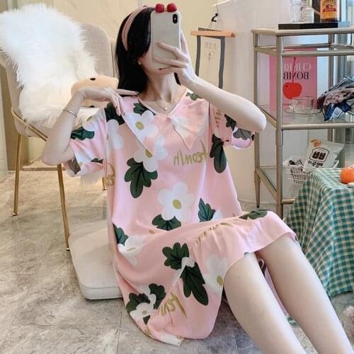 Summer Cute Nightdress Printed Floral Sleepwear Womens Lingerie Cotton Nightie Nightgown Short Sleeve Nightwear Girl Home Dress