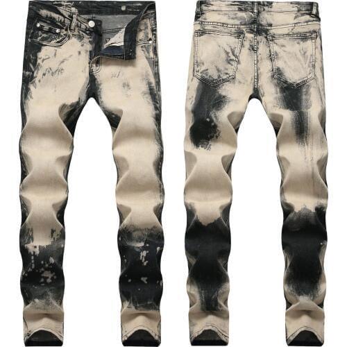 Mens Printed Pleated Biker Jeans Men Slim Skinny Motocycle Ripped Holes Zippers Retro Denim Trousers For Male Pants