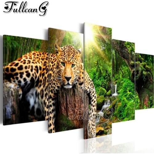 FULLCANG 5 piece diy diamond painting forest leopard full square/round drill 5d mosaic embroidery animals needlework art FC2273