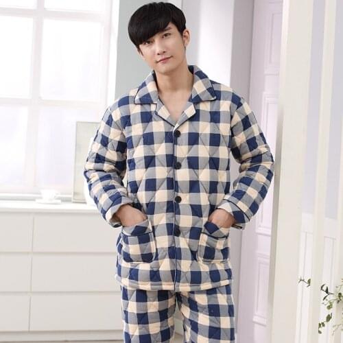 Pyjamas men three layer thickening warm winter quilted jacket mens pajamas plaid pijamas hombre inverno plus size tracksuit 3XL