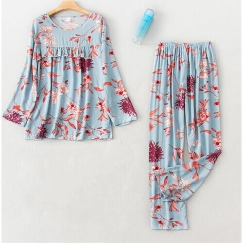 Nightwear New Satin Pajamas for Women 2Pcs Pjs Home Wear Clothing Print Floral Cotton Ladies Loose Sleep Nightclothes Pant Sets