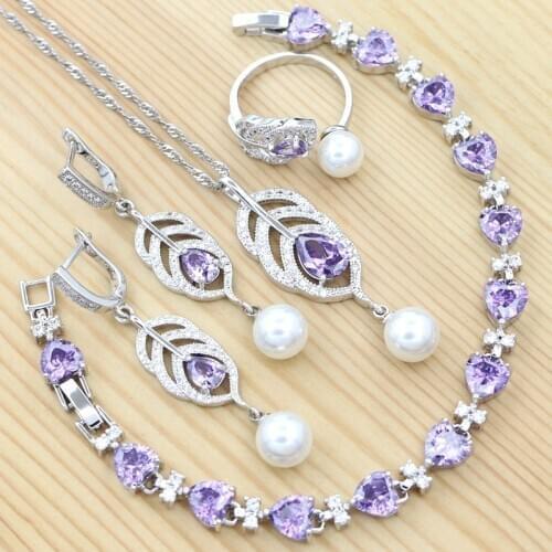 925 Silver Jewelry Set For Women Party Decoration Purple Cubic Zirconia White Pearl Bracelet Necklace Pendant Earrings Open Ring