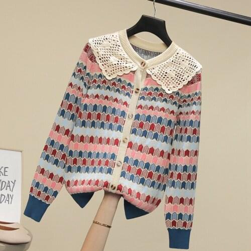 European Autumn Winter New Hand Hook Doll Collar Retro Contrast Color Checkered Knitted Cardigans Women Tops Fashion Streetwear