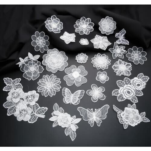 Iron or sew on lace embroidered patches white transparent organza flower butterfly appliques for clothing stripes on clothes diy