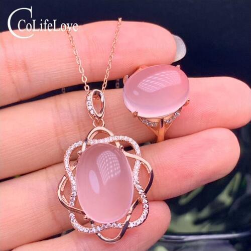 CoLife Jewelry 925 Silver Rose Quartz Jewelry Set for Party Natural Rose Quartz Ring and Pendant Set Silver Quartz Jewelry