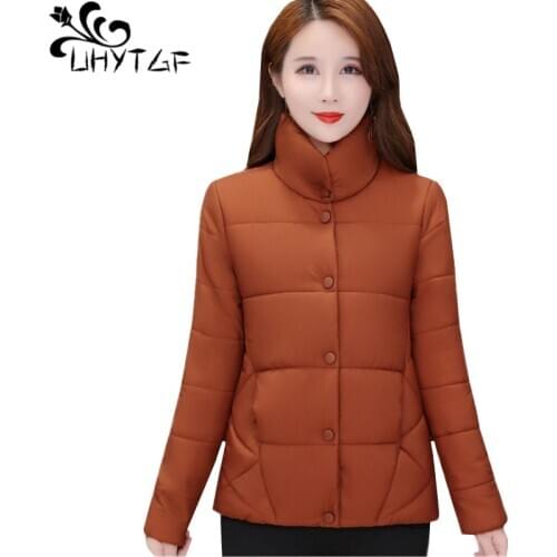 UHYTGF Elegant mother winter jacket women fashion single breasted slim 5XL plus size coat wild warm short top parker womens 1251