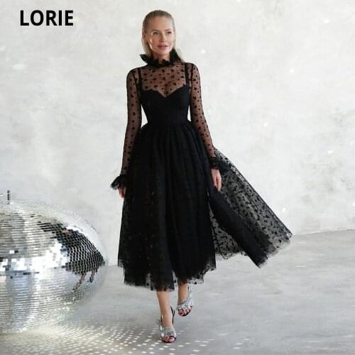 LORIE 2021 Black Heart Tulle A-line Evening Dress Full Sleeves Tea Length Prom Gowns Women Formal High Neck Hearts Party Dress