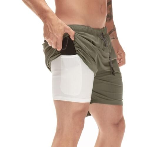 2 em 1 dos homens Shorts de Corrida Seguranca Bolsos Calcoes de Secagem Rapida Desporto de Lazer Bolsos Embutidos Quadris Hiden