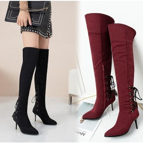 2021 New Suede Leather Women Over The Knee Boots Lace Up Sexy High Heels Autumn Woman Shoes Winter Women Boots Size 33-43