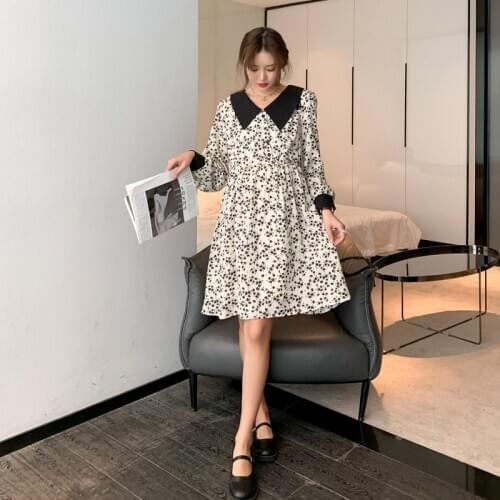 2079# Spring Korean Fashion Printed Chiffon Maternity Dress Chic Elegant A Line Clothes for Pregnant Women Long Sleeve Pregnancy