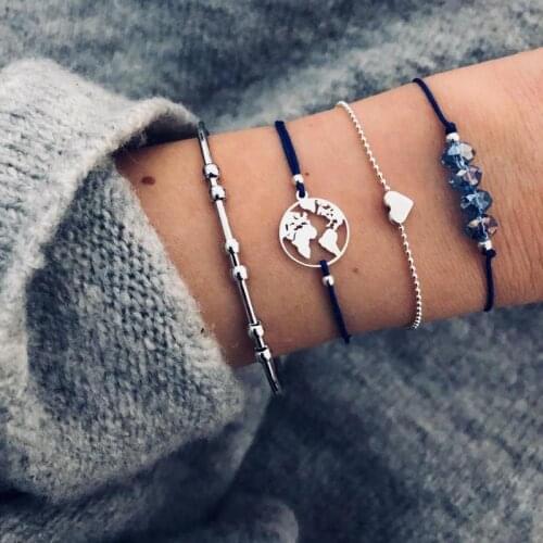 4Pcs/ Set Bohemian Heart-Shaped Love Map Bracelets for Women Boho Jewelry Crystal Geometric Beads Charm Bracelet