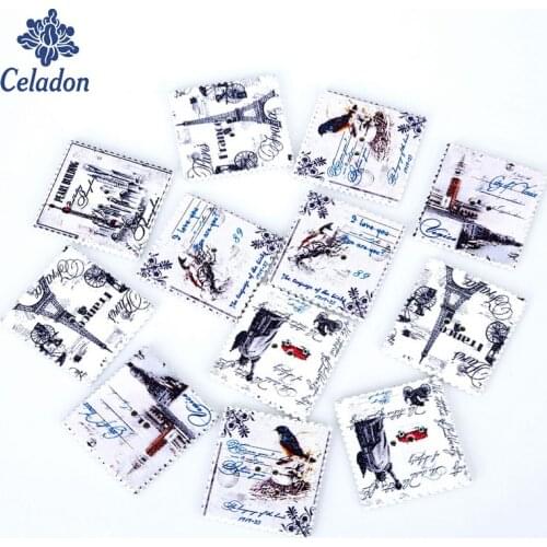 50pcs 31X33mm Wooden Sewing Buttons Fascinating Tower/Bird Stamp Pattern Handmade Scrapbooking Craft Cloth Accessories