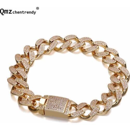 Top Quality Women Mens Miami Curb Cuban Link Bracelets Hip hop Bling Iced Out CZ Clasp Chain Bangles Rapper Jewelry