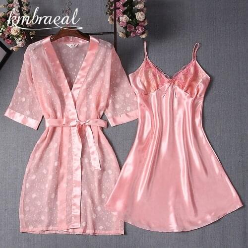 Sexy 2 PCS Bathrobe Women Summer Robe Female Kimono Sleepwear Silk Lace Dressing Gown Womens Robes Set Homewear Dressing Gown